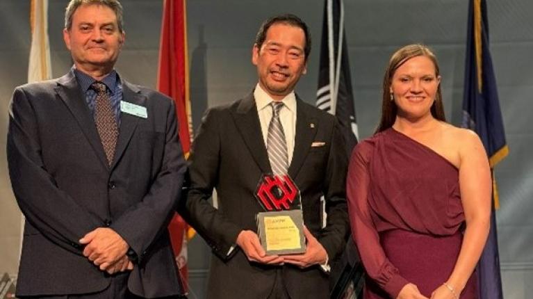 Award ceremony during the AMPP 2024 Conference & Expo. (From left; AMPP Chair/Mr. Paul Vinik, Dr. H. Amaya, AMPP Global Center Board Chair/ Ms. Kristin Leonard)